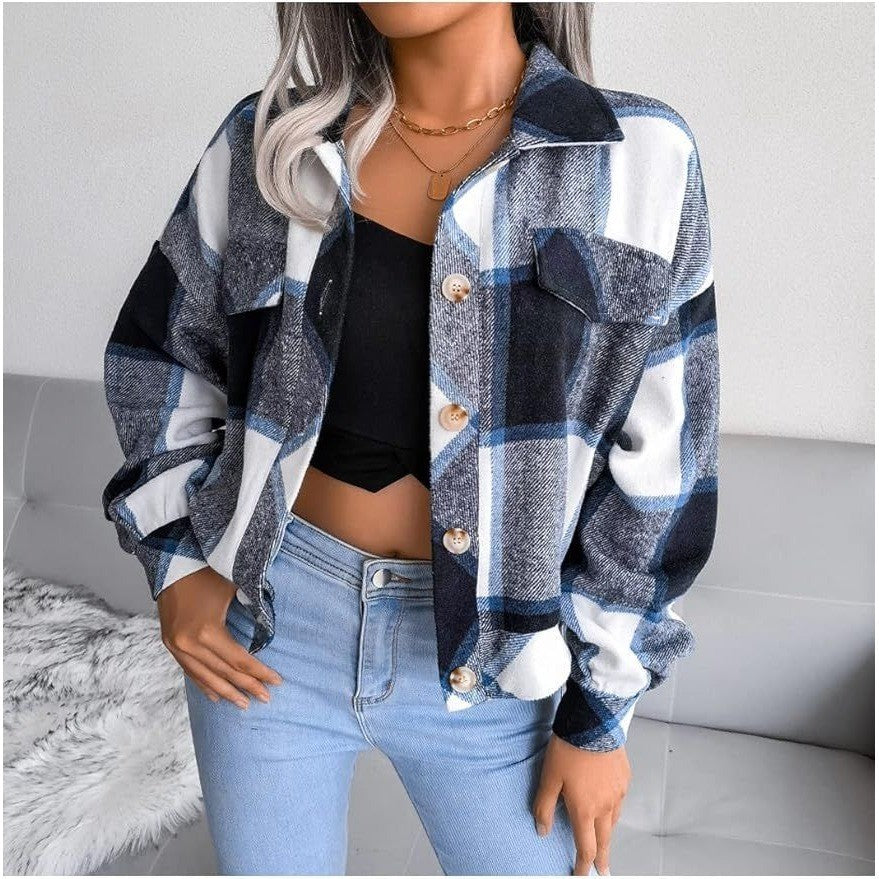 Womens Size S Casual Plaid Shacket Long Sleeve Wool Blend Button Down Shirt Jac