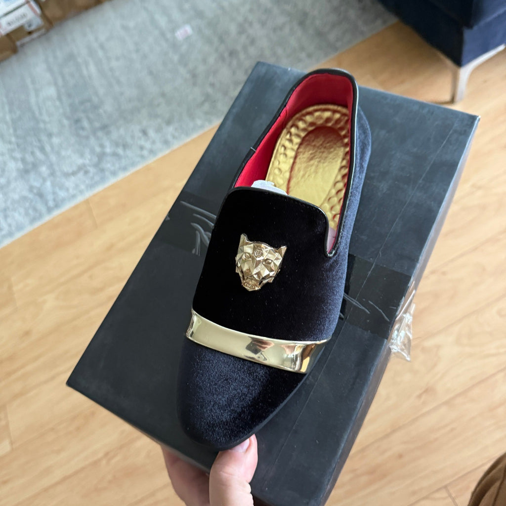 Santimon Men's US 6 Black Velvet Loafers Golden Animal Buckle Slip-On Shoes