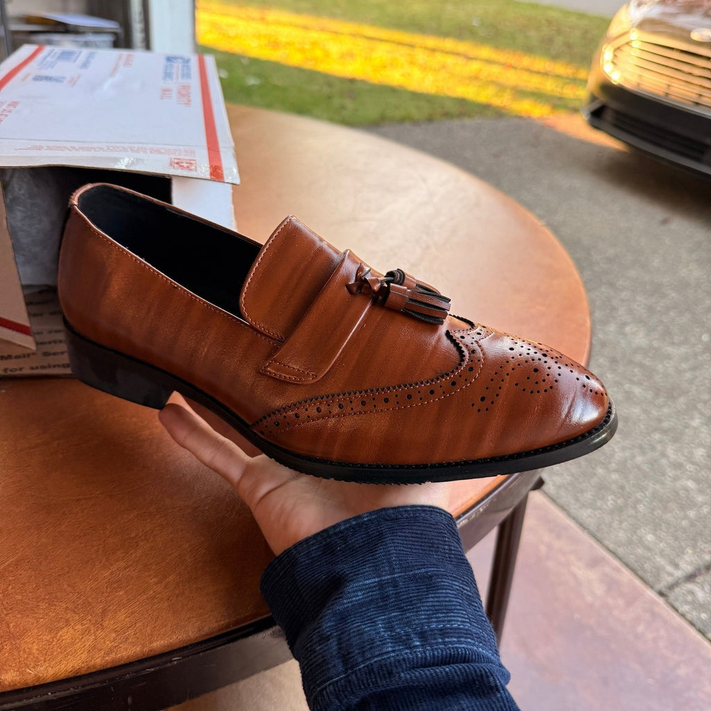 Santimon Men's US 7.5 Brown Wingtip Tassel Smoking Loafers Slip On Dress Shoes