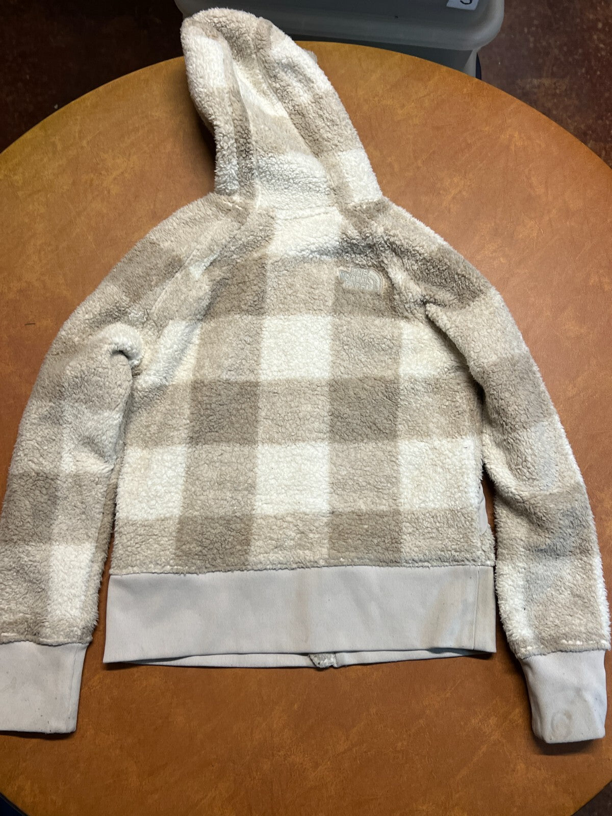 The North Face Women's XS Tan Plaid Full Zipper Hooded Sherpa Fleece Jacket #241