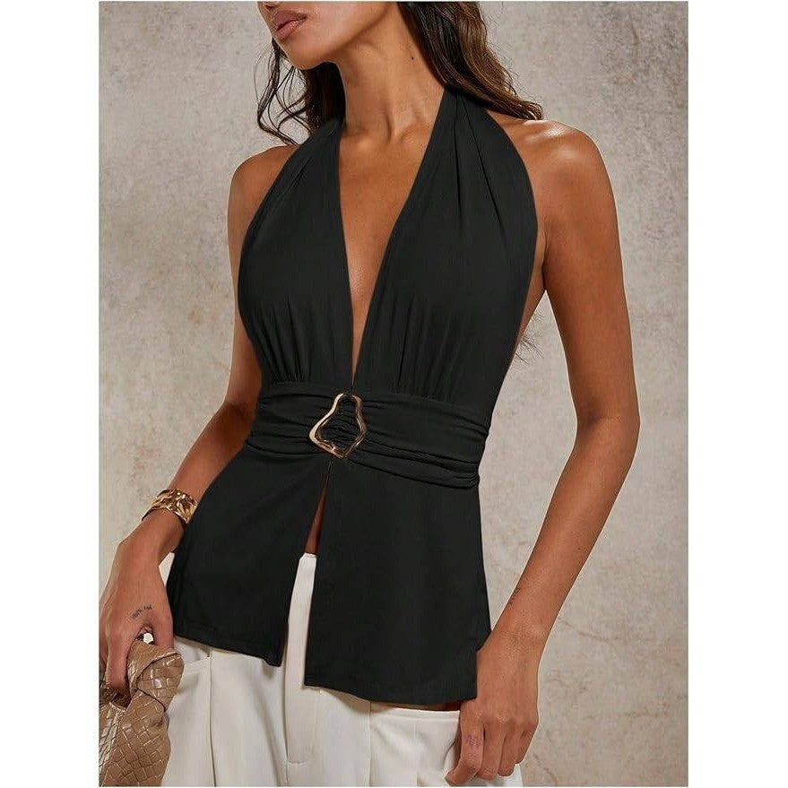 MSRP $26 Verdusa Women's S Tie Backless Halter Top Deep V Neck Y2k Clothes Sle