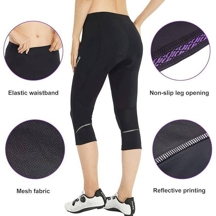 NWT Santic Ao Dai Women's XL Padded 3/4 Cycling Pants Black w/ Purple Straps