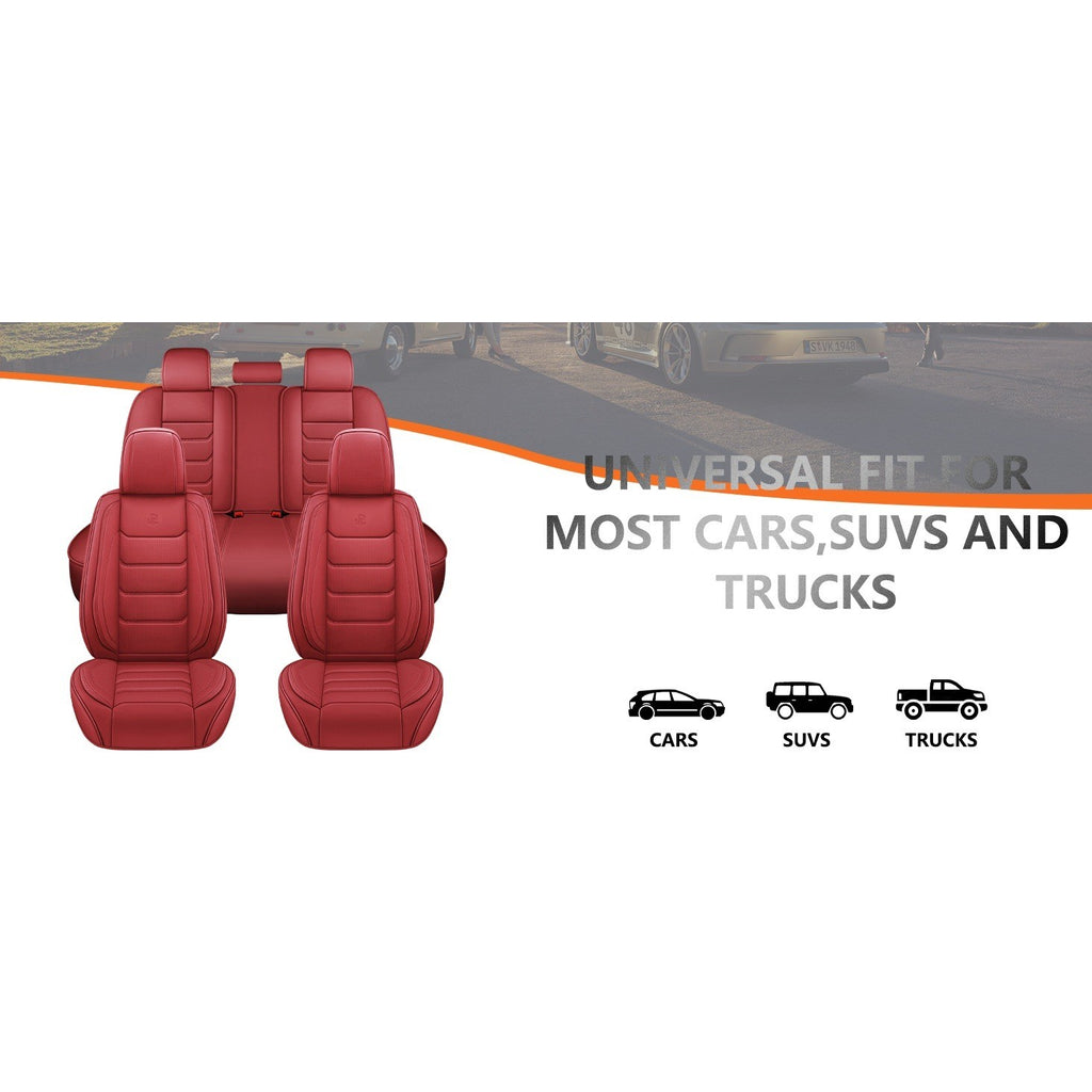 Isen-CoverAuto Wine Red Full Set Universal Fit Coverage Faux Leather Car Seat