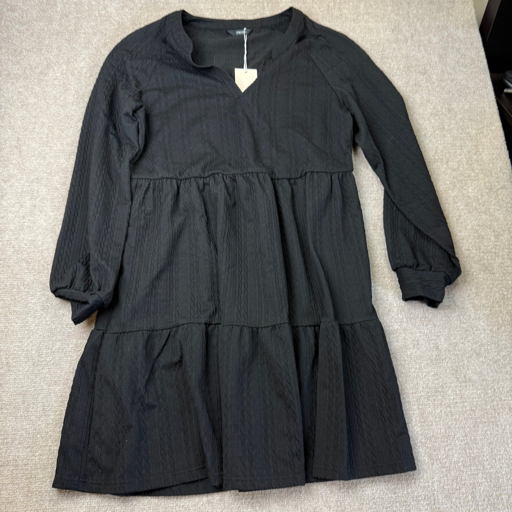 MSRP $40 Dokotoo Womens L Black Long Sleeve V Neck Textured Babydoll Fall Dress