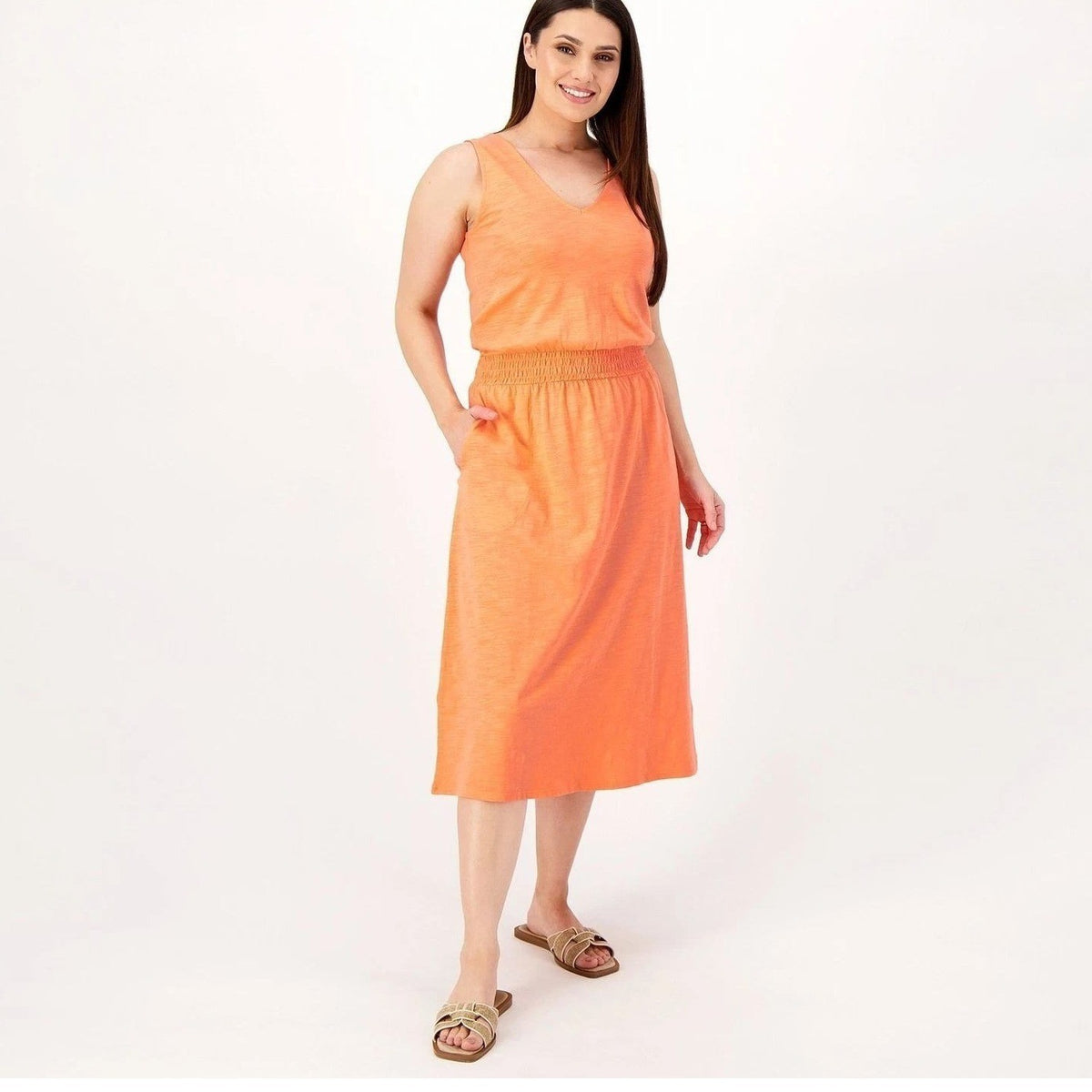 Belle by Kim Gravel Women's 2XP Paradise Coral Smocked Waist Dress Slub Knit