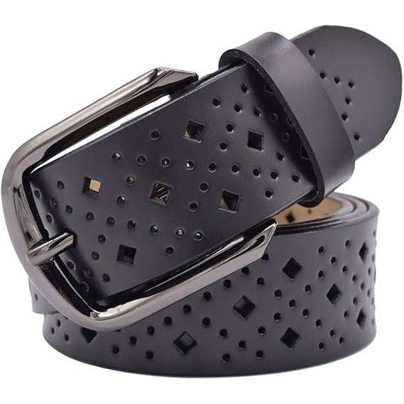 MSRP $18 VONSELY Women's 1.5" Wide Black Hollow Leather Belts Soft with Pin Buck