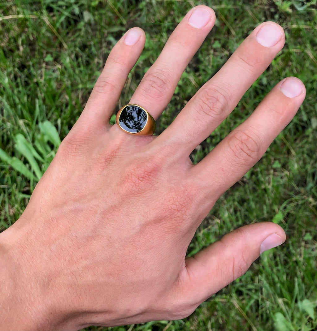 Square Black Signet Pinky Ring Mens Gold, Silver Tone Stainless Steel Size 8-13