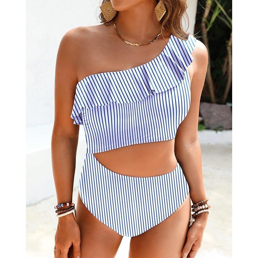 MSRP $36 Talisea Women's M One Piece Cutout Swimsuit One Shoulder Ruffle Cut