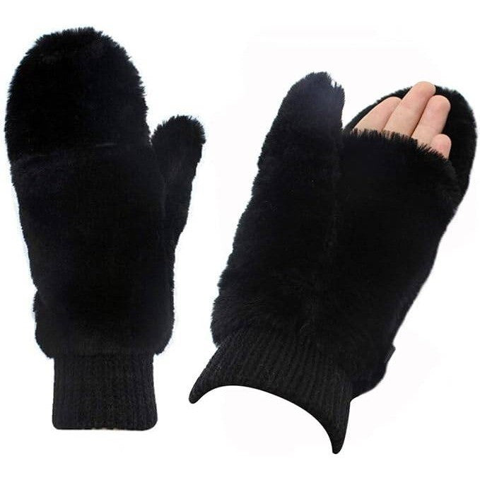 Yawolfe Women's Winter Faux Fur Flip Cover Mittens Warm Half Finger Gloves Con