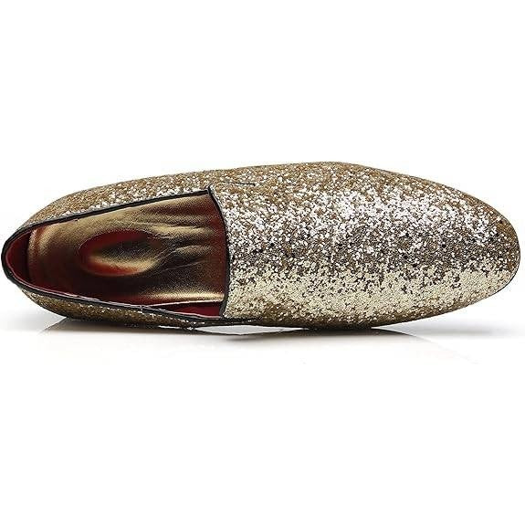 Santimon Men's US 12 Gold Glitter Slip-On Loafers Sequin Dress Shoes