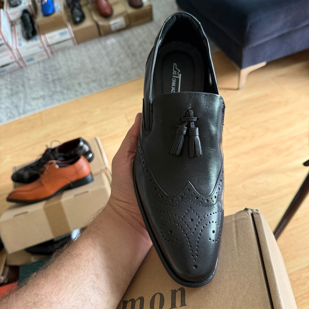 Santimon Men's US 8 Black Tassel Loafers Wingtip Brogue Slip on Shoes