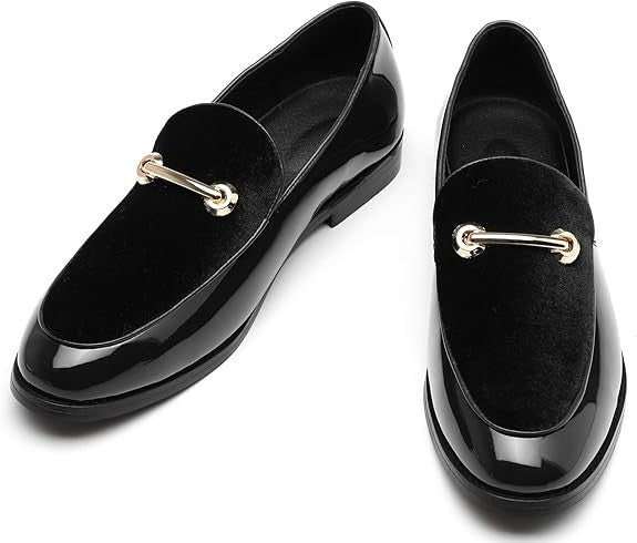 Santimon Men's US 10 Black Casual Smoking Loafers Suede Patent Leather Shoes