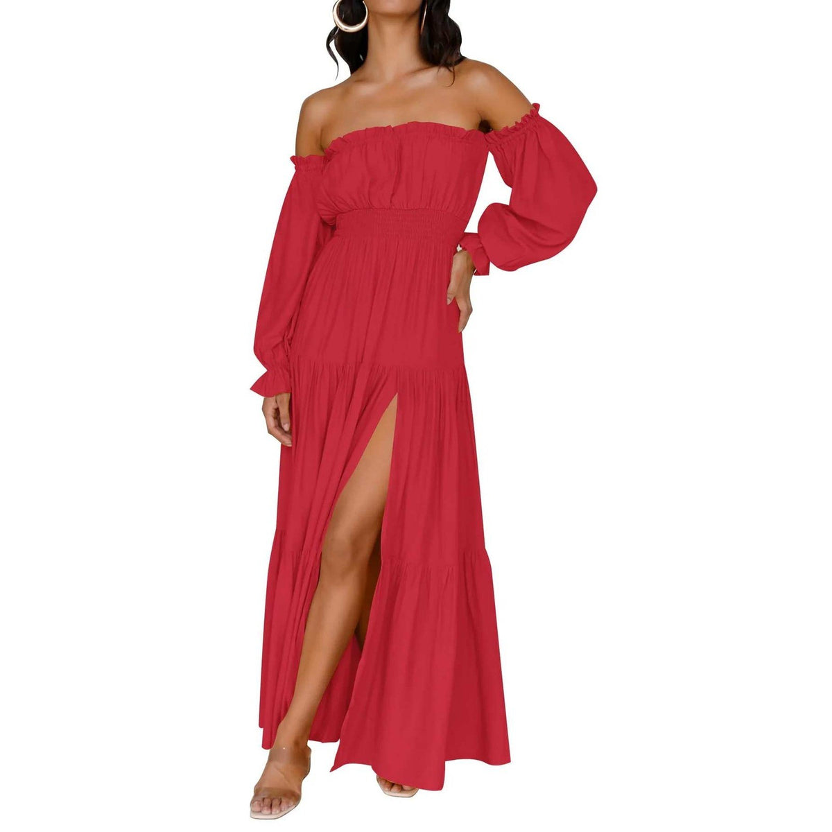 MSRP $78 ZESICA Women's M Boho Sexy Off Shoulder Long Sleeve Maxi Dress Smocke