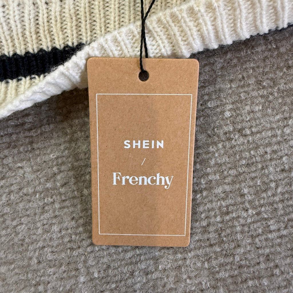 NWT Shein Frenchy Women's S Beige Striped Trim Drop Shoulder Cricket V Neck