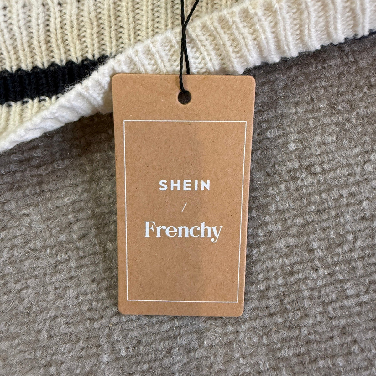 NWT Shein Frenchy Women's S Beige Striped Trim Drop Shoulder Cricket V Neck