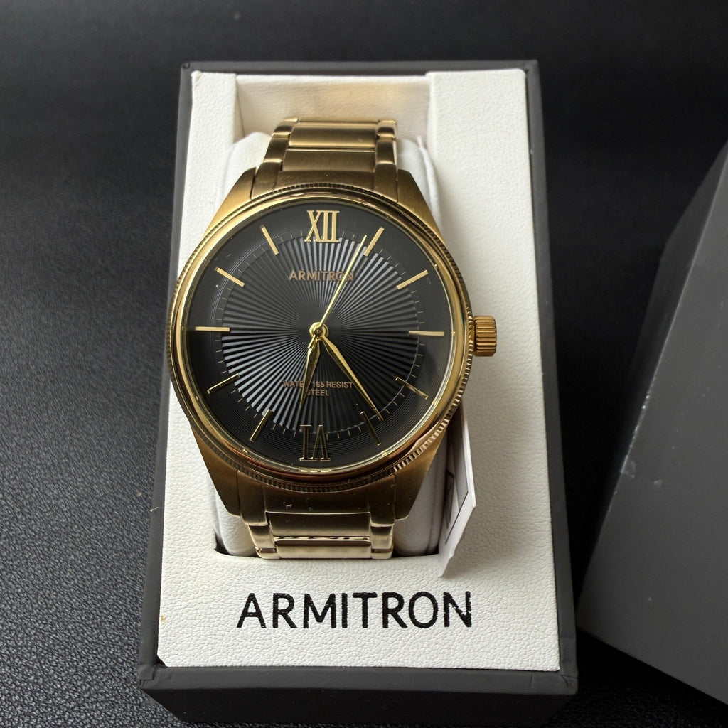 Armitron 20/5597GP Men's Black Dial Gold Tone Bracelet Watch New Battery Japan