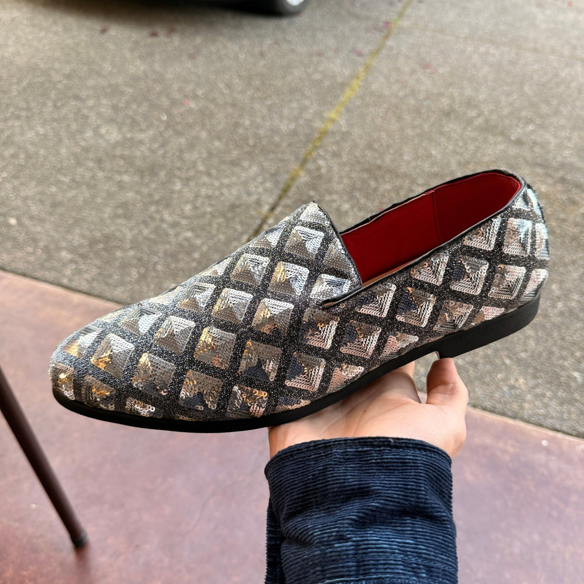 Santimon Mens US 12 Silver Paillette Glitter Smoking Slip On Loafers Dress Shoes