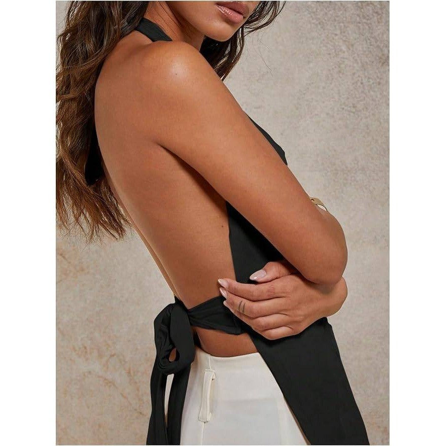 MSRP $26 Verdusa Women's S Tie Backless Halter Top Deep V Neck Y2k Clothes Sle