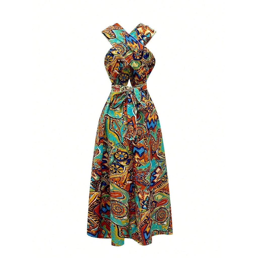 SHEIN Women's M Floral Print Vacation Halter Neck Tie Waist Split Dress Maxi Ou
