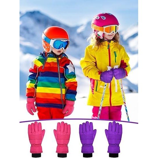 Set of 2 Boao Kids Winter Ski Gloves 5-10 Years Violet, Rose Red Waterproof Wa