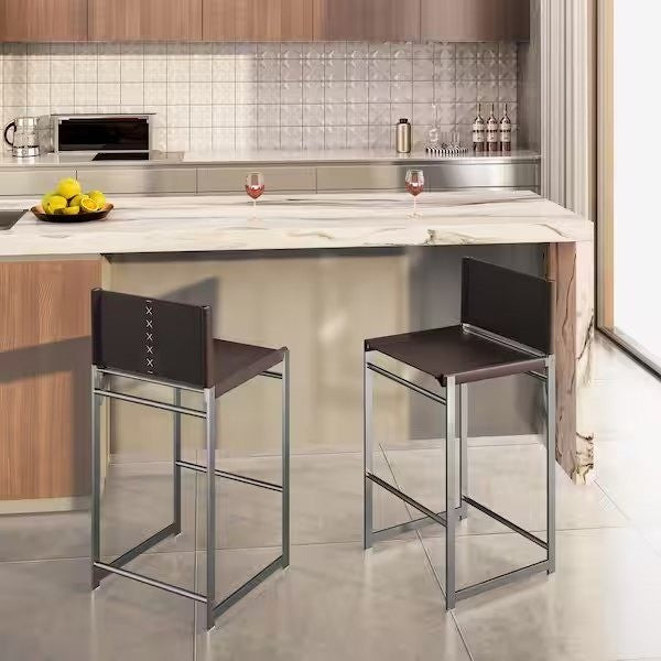 Set of 2 Metal High Outdoor Bar Stool with Coffee Saddle Leather Seat