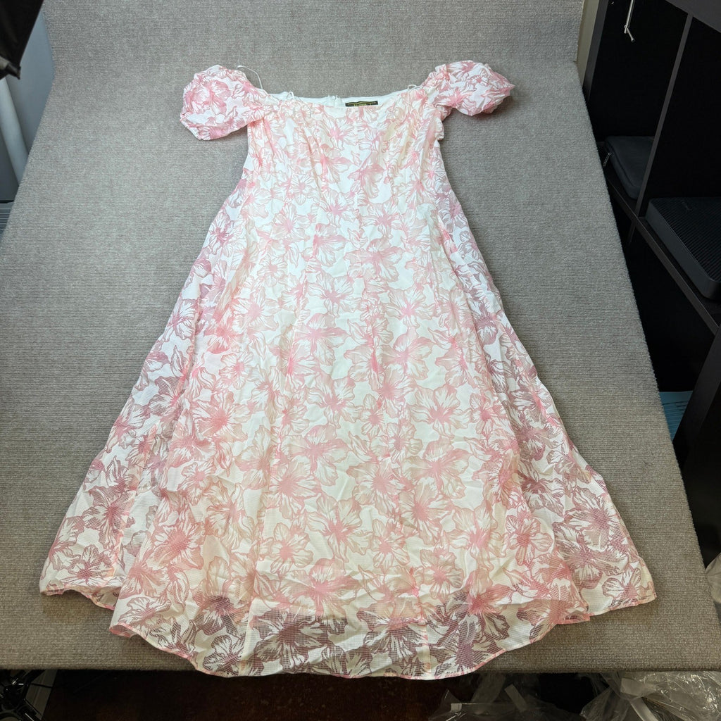 MSRP $94 Melonie T Womens 14 Ivory Pink Floral Midi Dress Square Neck Short