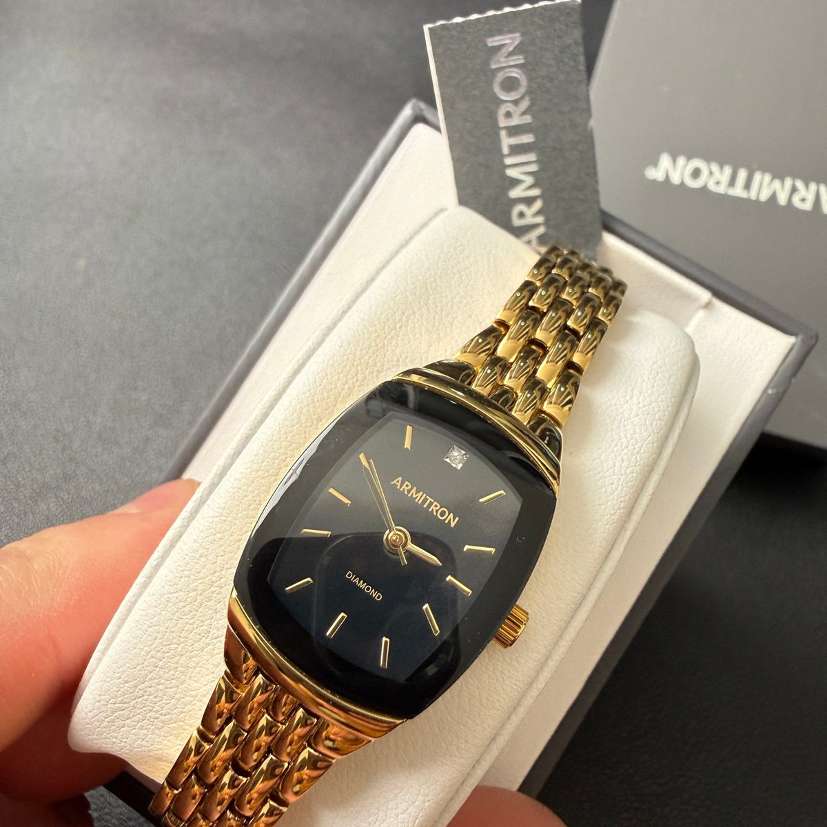 Armitron Women's 75/5195GP Gold Tone Diamond Black Dial Bracelet Watch New