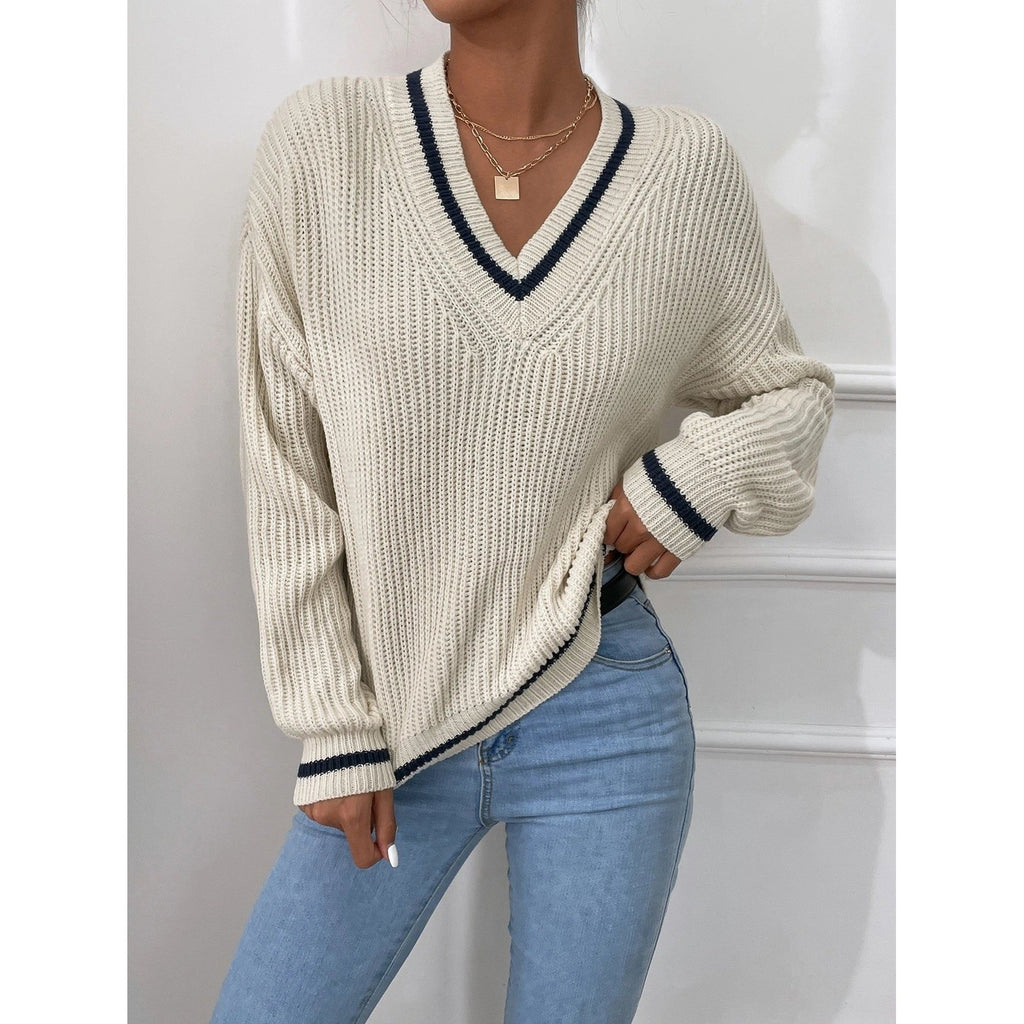 NWT Shein Frenchy Women's S Beige Striped Trim Drop Shoulder Cricket V Neck
