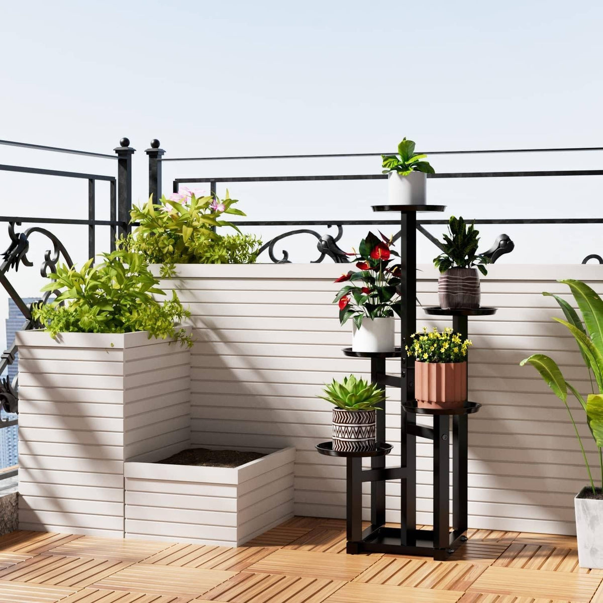 POTEY 5-Tier Black Metal Plant Stand, Tall Corner Display Shelf for Multiple