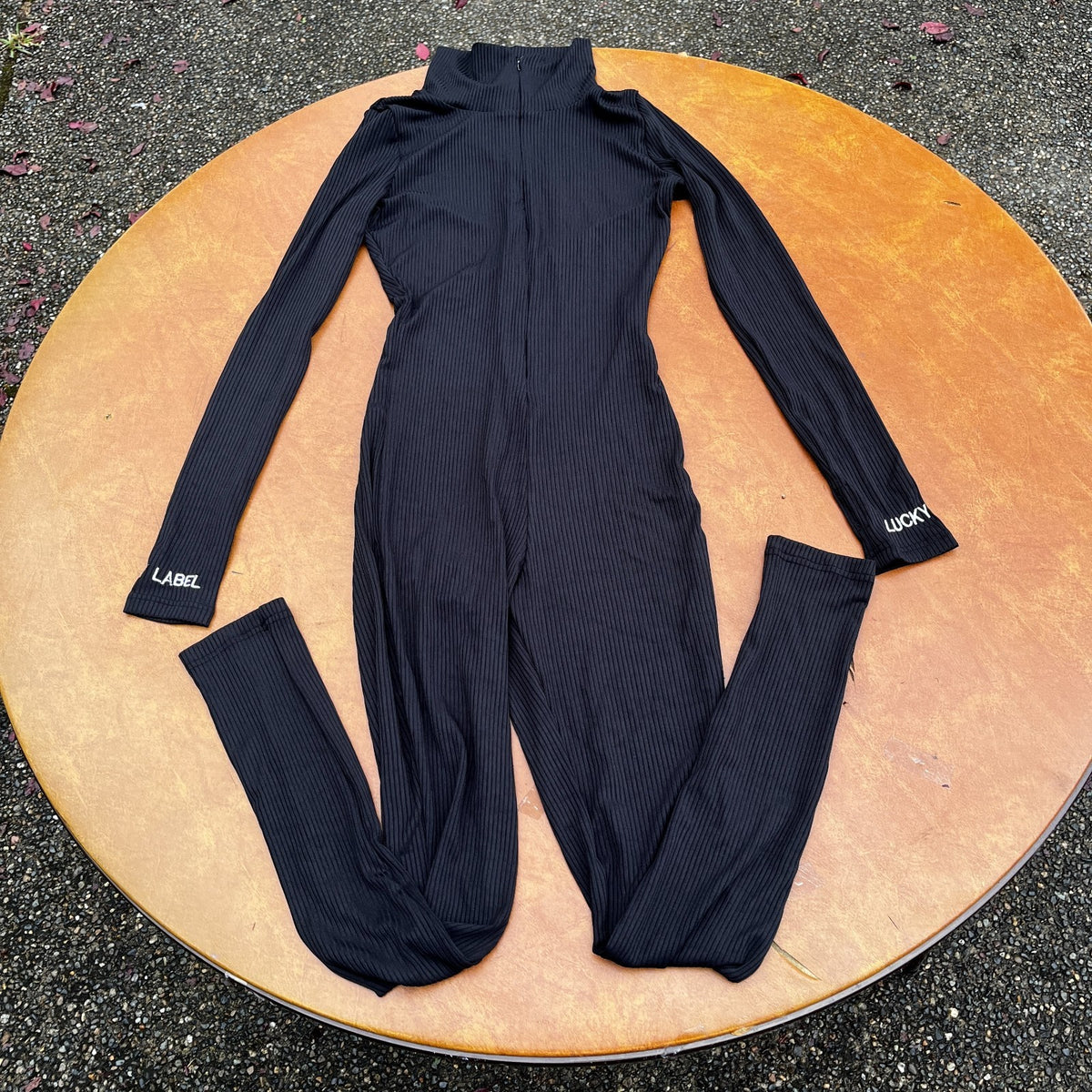 Womens Lucky Label S, M Black Zipper High Neck Long Sleeve Jumpsuit Ribbed