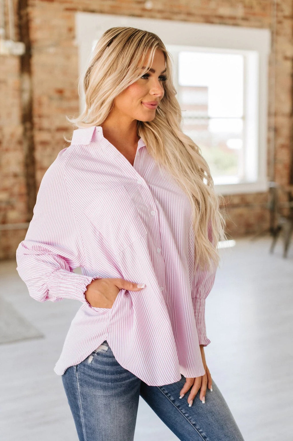 Women's S-2XL Pink Striped Blouse Mid-Length Smocked Shirt, Striped Lapel, Overs