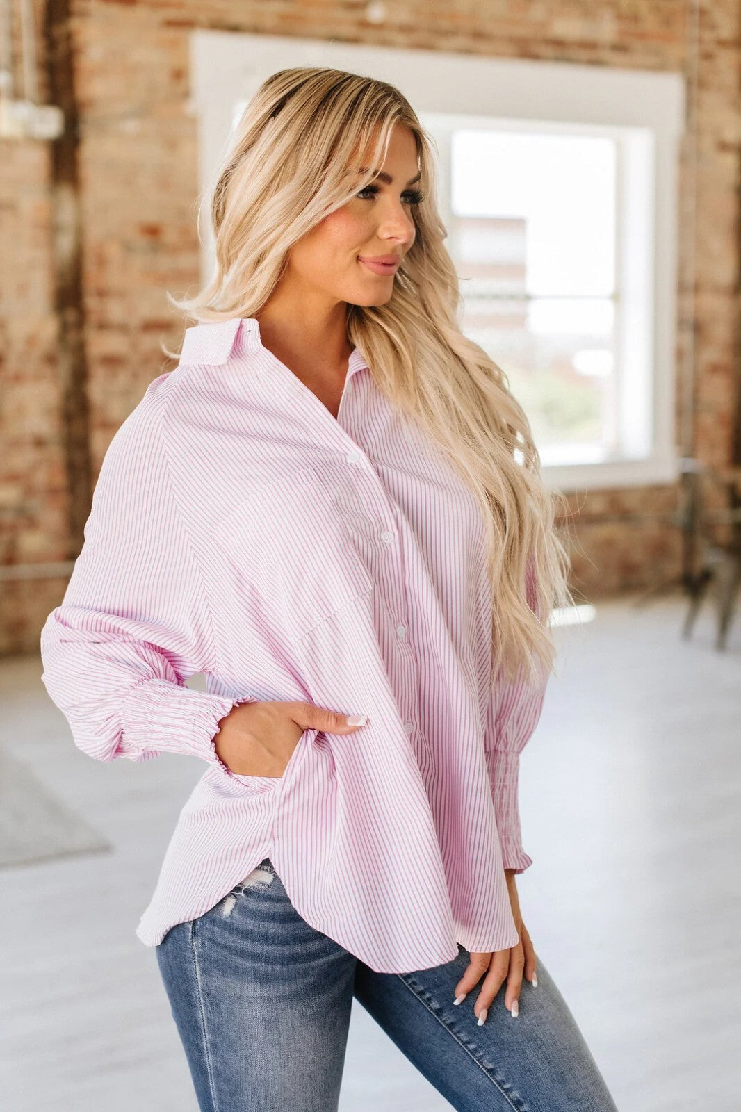 Women's S-2XL Pink Striped Blouse Mid-Length Smocked Shirt, Striped Lapel, Overs