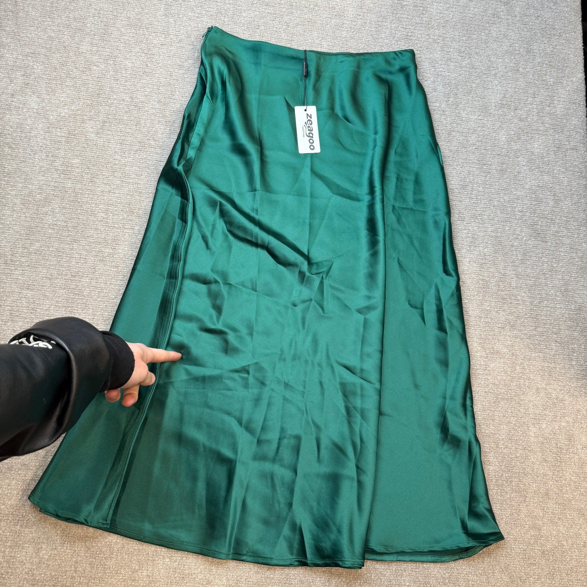 MSRP $39 Zeagoo Women's M Green Satin High Waist Elegant Midi Skirt Flowy