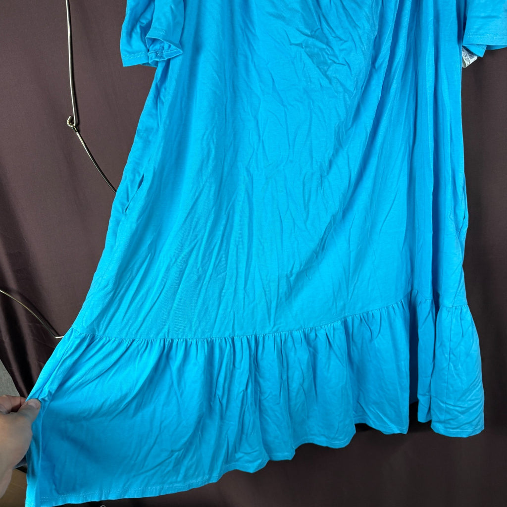 Land's End Womens M-2X LONG Off the Shoulder Ruffle Hem Blue Swim Cover-up Dress