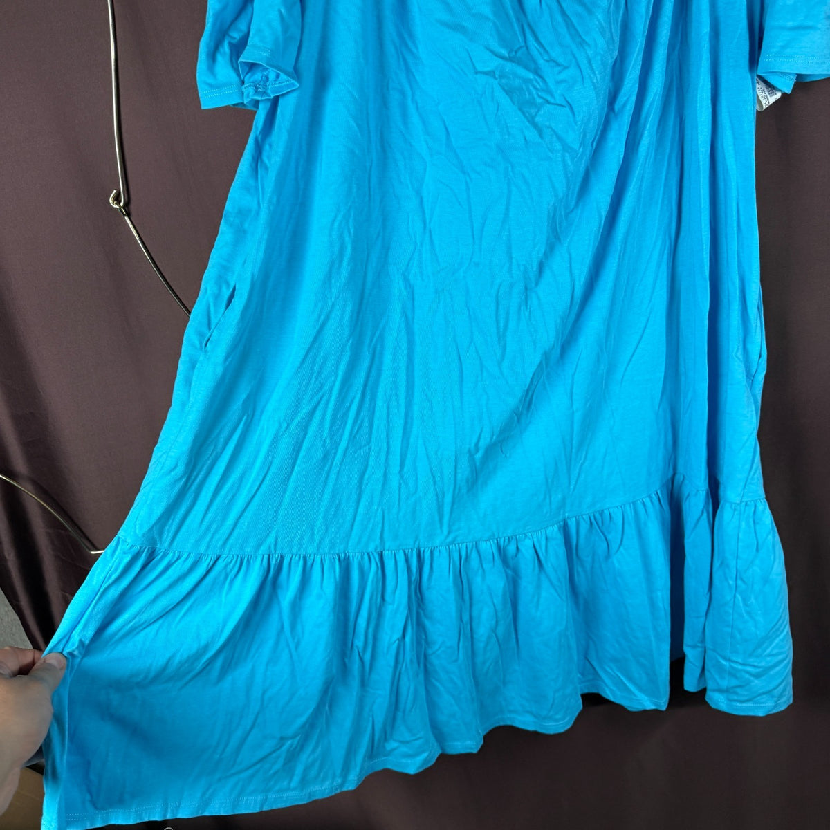 Land's End Womens M-2X LONG Off the Shoulder Ruffle Hem Blue Swim Cover-up Dress