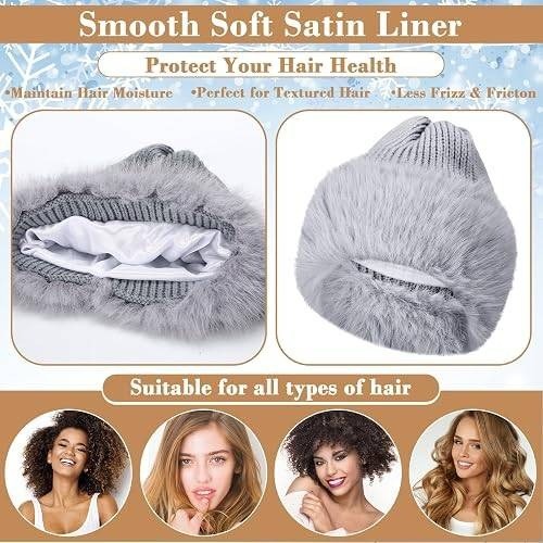 MSRP $18 Skicuff 2 Pcs Faux Fur Knit Beanie Winter Satin Lined Beanie Hat Warm