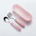 Set of 3 Kids Pink Stainless Steel Fork & Spoon w/ Storage Case Portable Travel