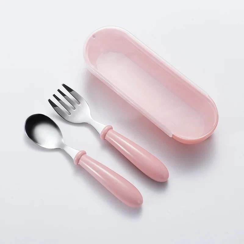 Set of 3 Kids Pink Stainless Steel Fork & Spoon w/ Storage Case Portable Travel