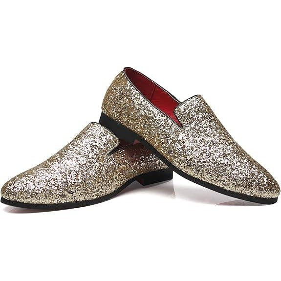 Santimon Men's US 12 Gold Glitter Slip-On Loafers Sequin Dress Shoes