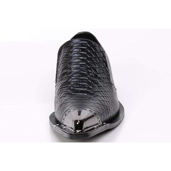 Santimon Men's US 12.5 Black Leather Metal Tip Pointed Toe Slip On Loafers Shoes