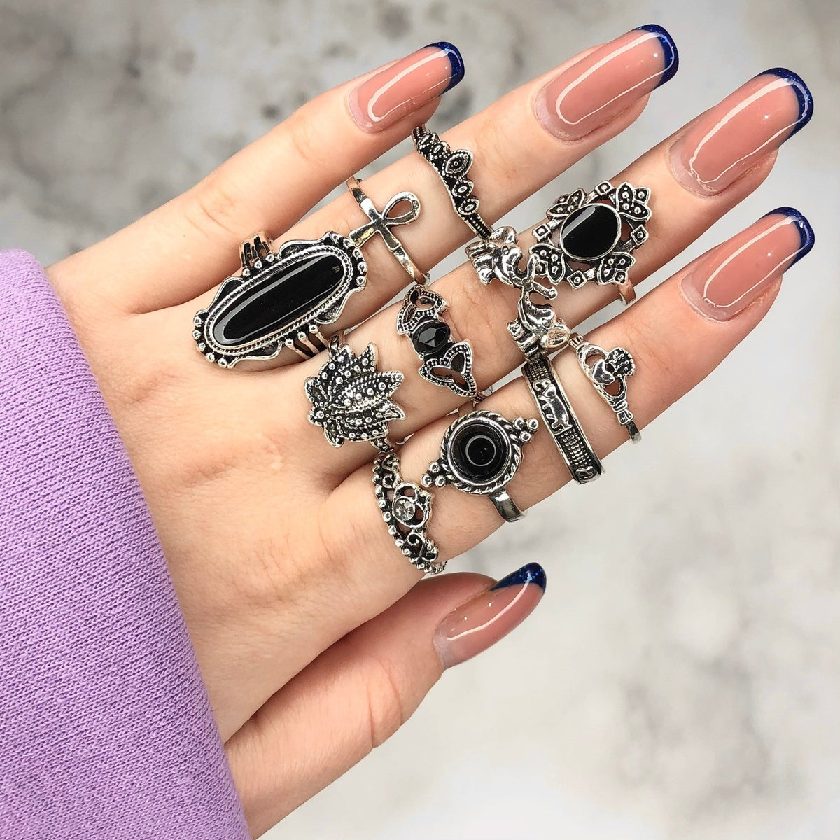 11 pcs Gothic Ring Set, Rings Set Silver, Black Onyx Ring, Witchy Rings, Knuckle