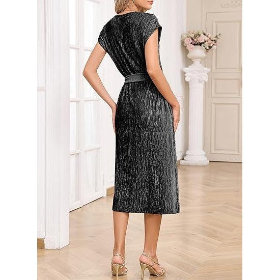 Happy Sailed L Black Sleeveless Crewneck Velvet Casual Midi Dress with Pockets