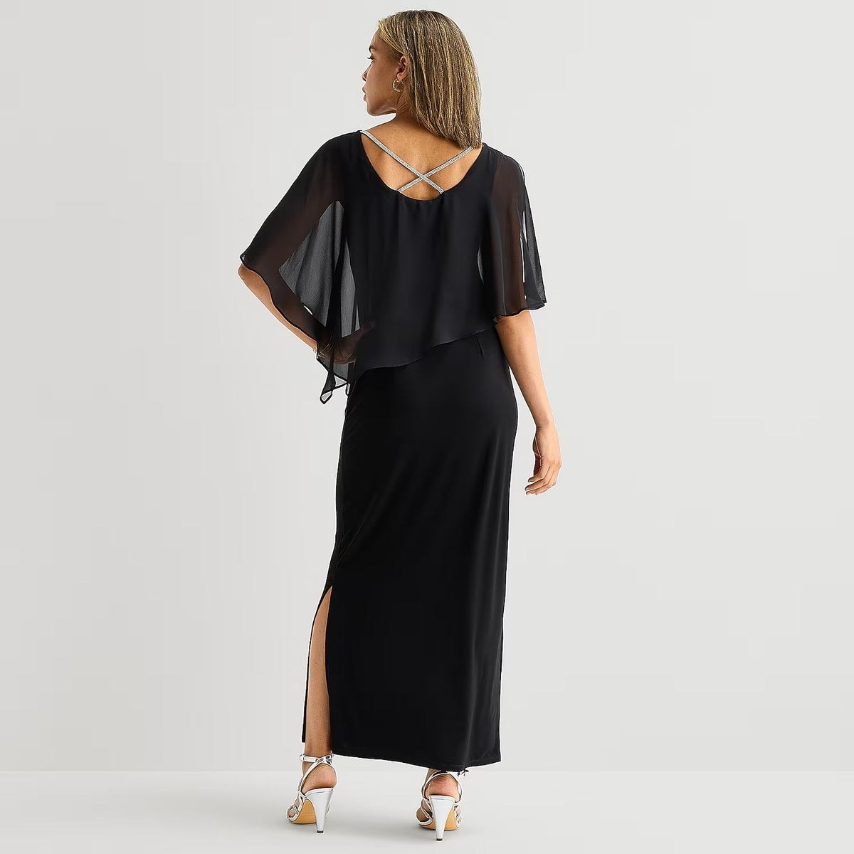 MSRP $100 MSK Womens XL Black Boat Neck Cape Embellished Evening Gown Elbow