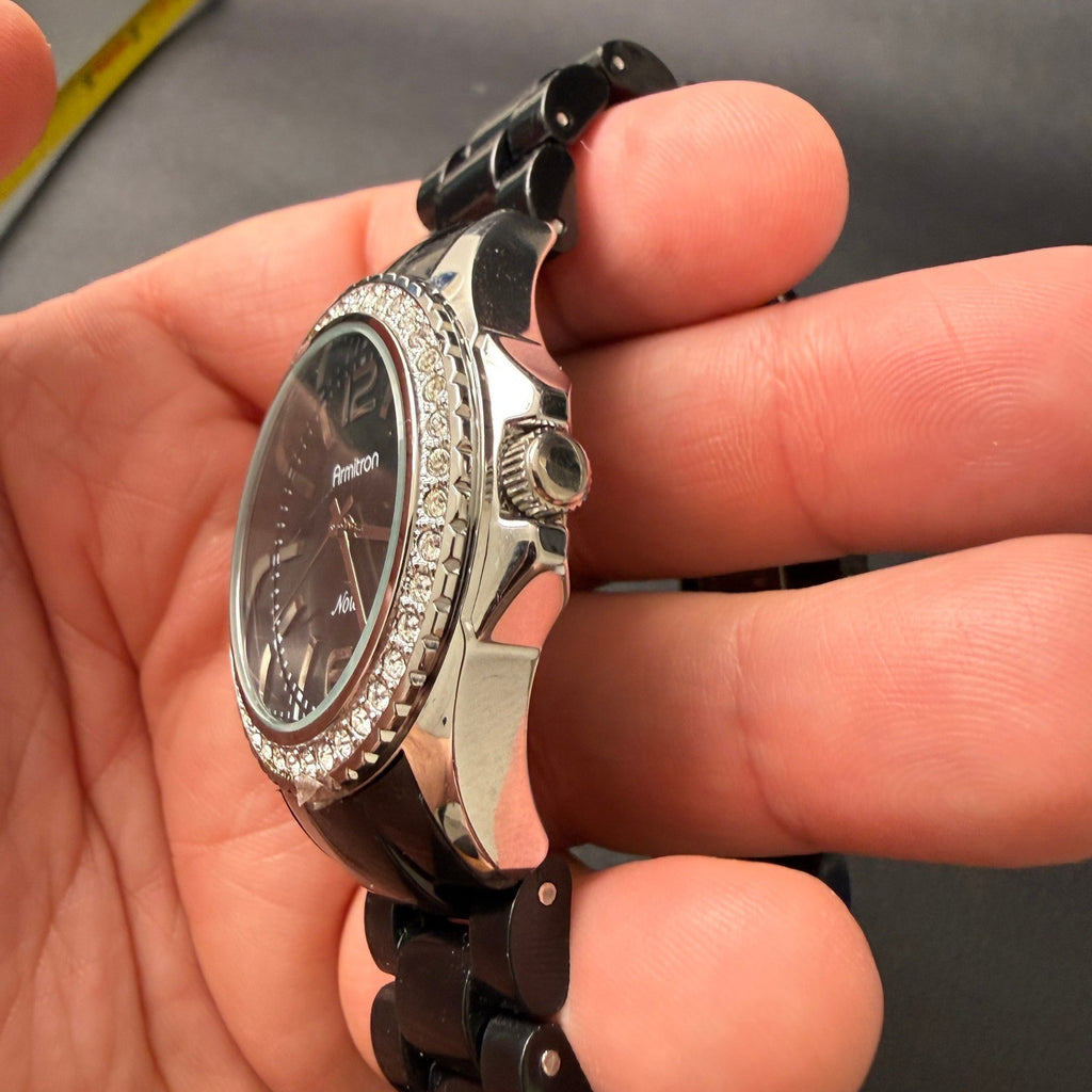 Armitron Now 75/3935SV Women's Silver Tone Quartz Black Band Watch New Battery