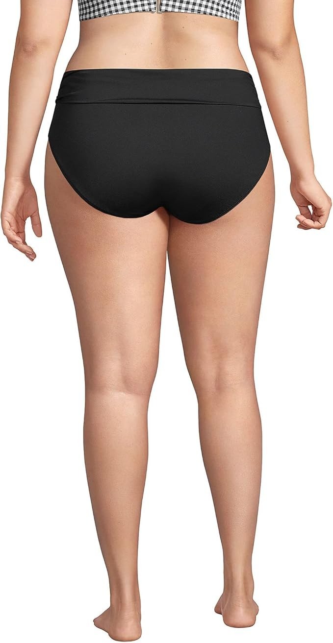 Lands' End Women's S LONG Bikini Swim Bottoms Fold Over Mid Waist Black Chlorine