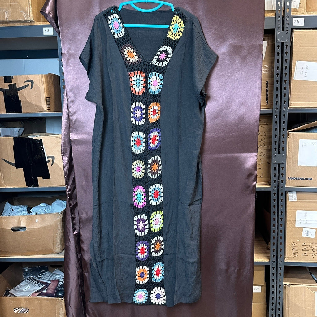 Women's Black One Size Swim Summer Cover-Up Dress w/ Floral Crochet