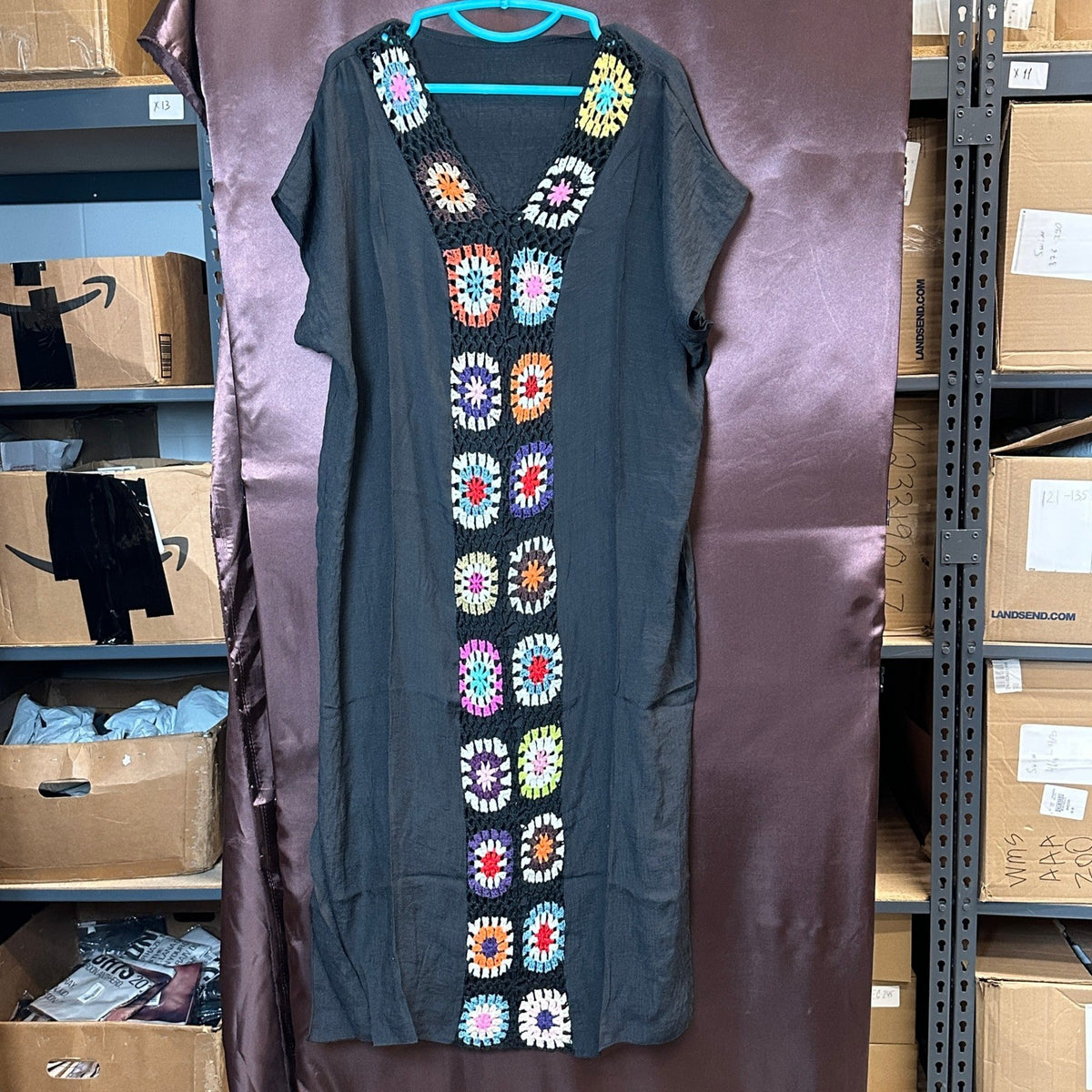 Women's Black One Size Swim Summer Cover-Up Dress w/ Floral Crochet