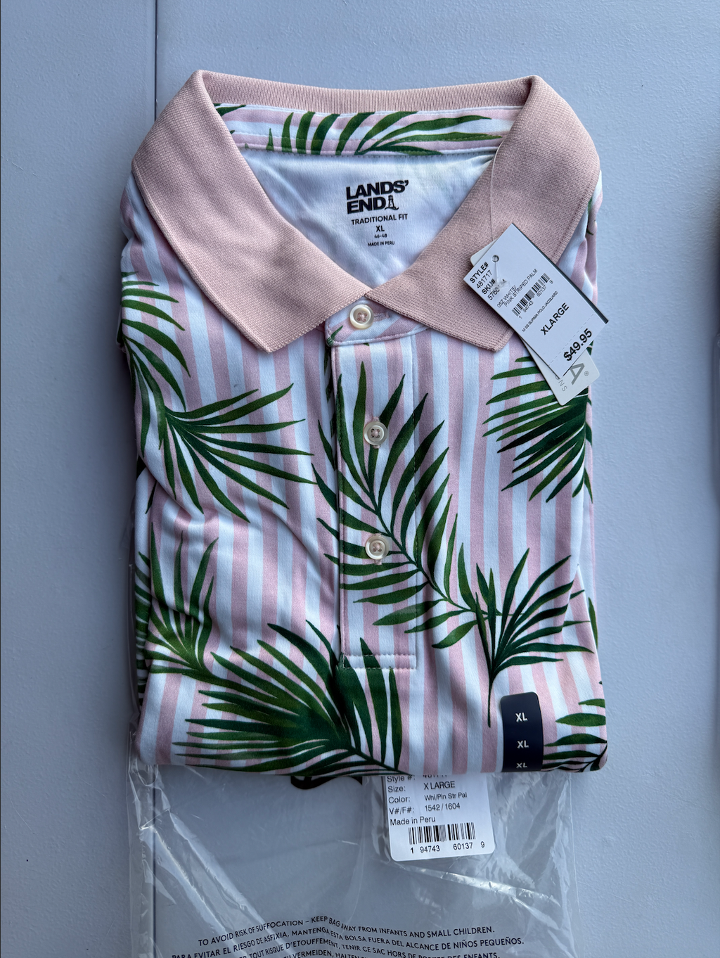 Lands End Mens Jacquard Polo Shirt M-XL Soft Supima Short Sleeve White/Pink Stri