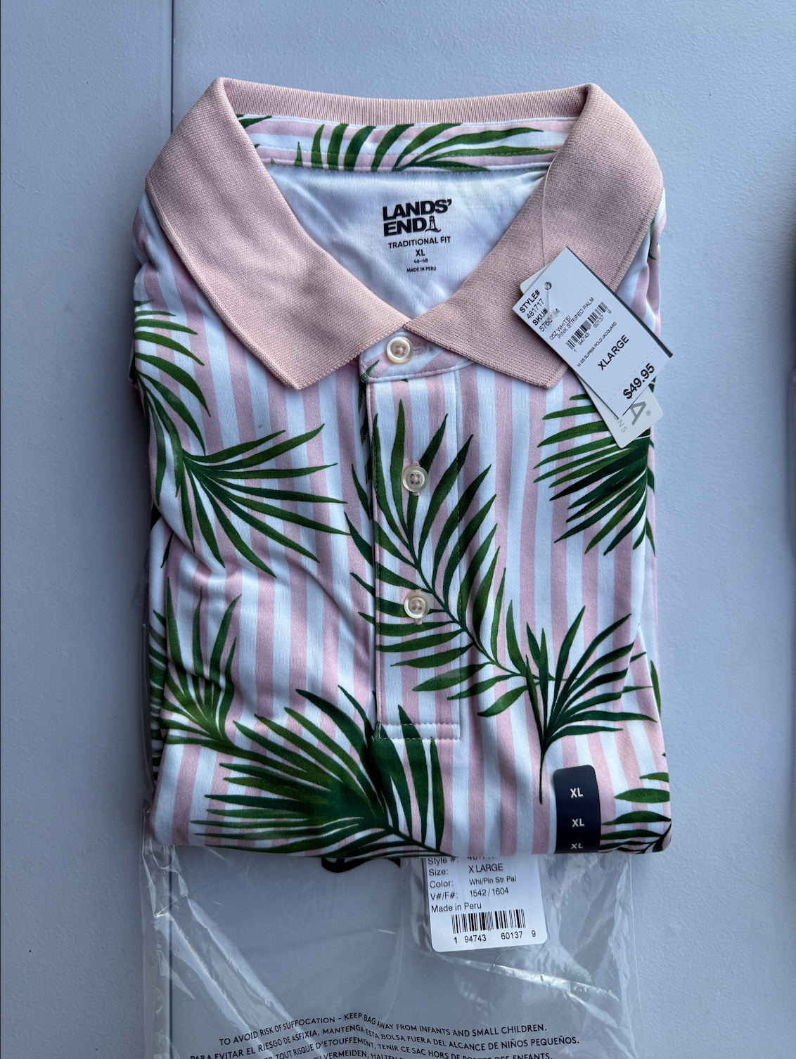 Lands End Mens Jacquard Polo Shirt M-XL Soft Supima Short Sleeve White/Pink Stri