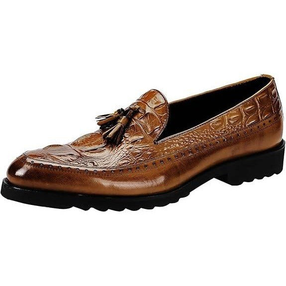 Santimon Men's US 9 Brown Leather Alligator Print Tassel Loafer Slip On Shoes